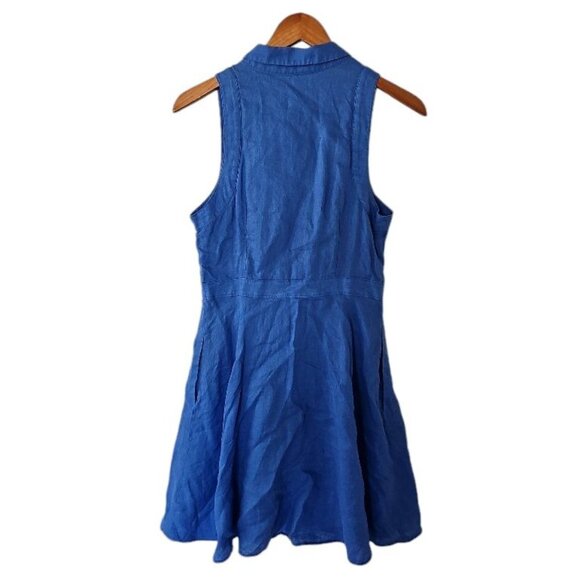 Anthropologie HD in Paris Blue 100% Linen Collared Sleeveless Side Pleated Flare - Picture 12 of 15